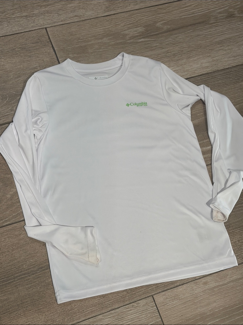Columbia White Long Sleeve Performance Fishing Gear with Lime Green Logo  (LR)